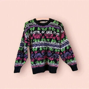 Vintage MarkScot colorful floral roses crew neck knit sweater